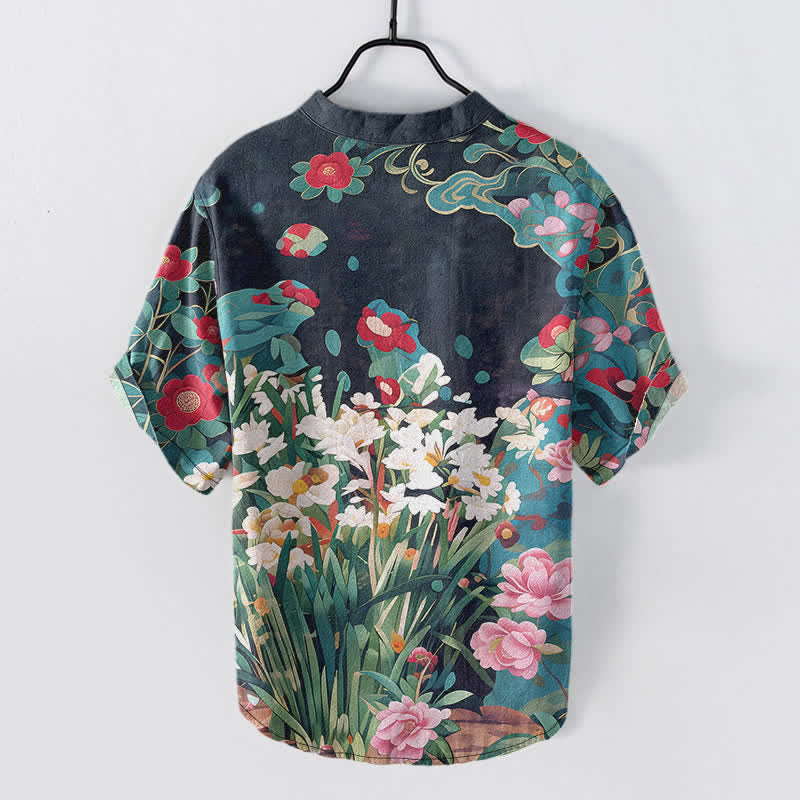 Buddha Stones Cotton Tropical Floral Print Men's Short Sleeve Half Button Shirt - image 8