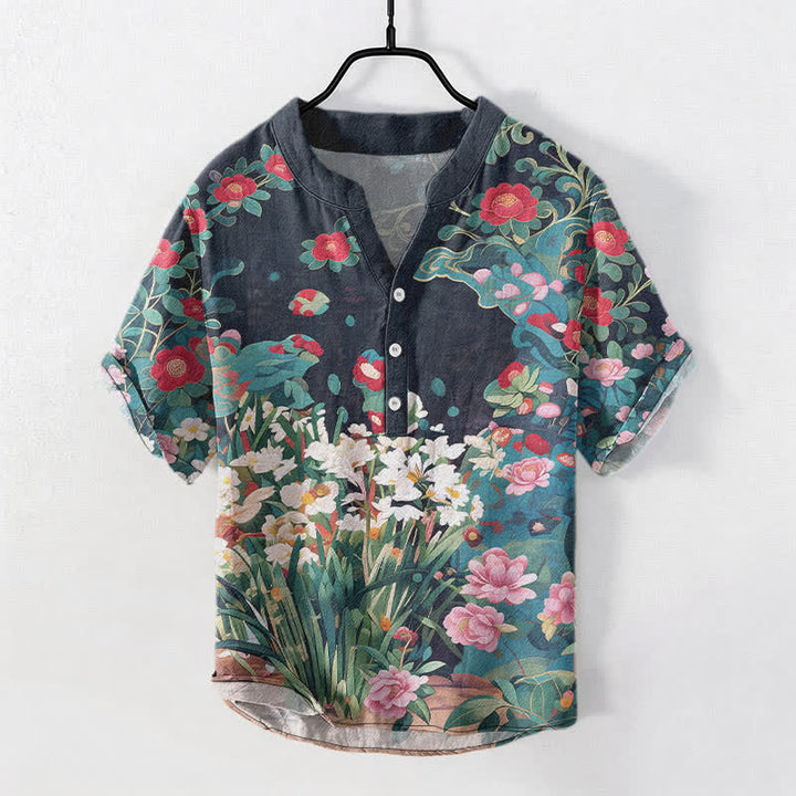 Buddha Stones Cotton Tropical Floral Print Men's Short Sleeve Half Button Shirt - DarkSlateGray - US/UK/AU50，EU60 (5XL) - image 7