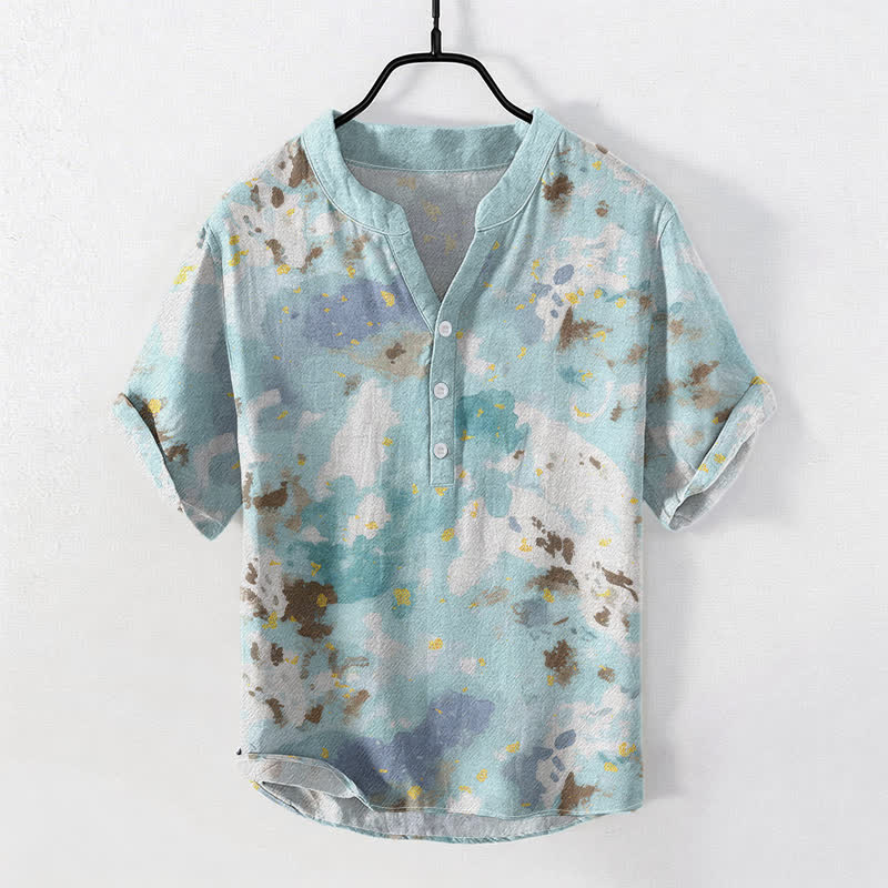 Buddha Stones Cotton Watercolor Splash Men's Short Sleeve Half Button Shirt - PaleTurquoise - US/UK/AU50，EU60 (5XL) - image 0
