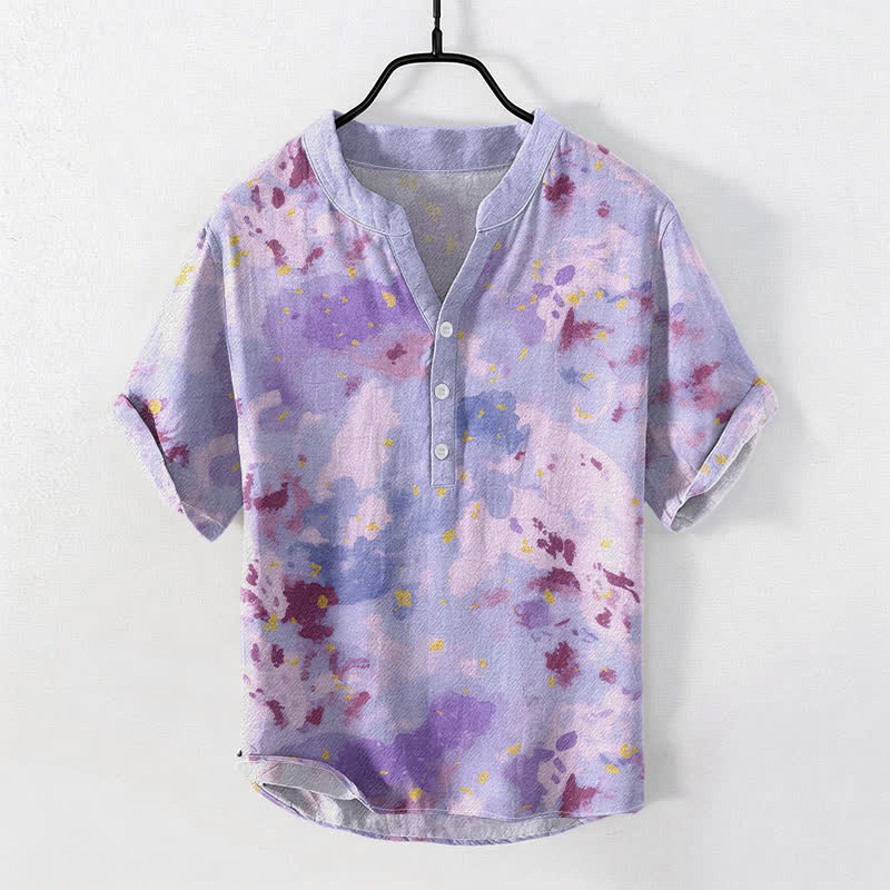 Buddha Stones Cotton Watercolor Splash Men's Short Sleeve Half Button Shirt - MediumPurple - US/UK/AU50，EU60 (5XL) - image 3