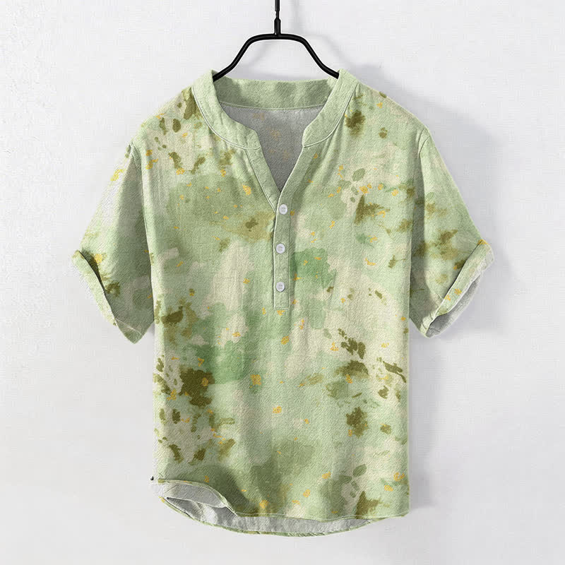 Buddha Stones Cotton Watercolor Splash Men's Short Sleeve Half Button Shirt - PaleGreen - US/UK/AU50，EU60 (5XL) - image 5
