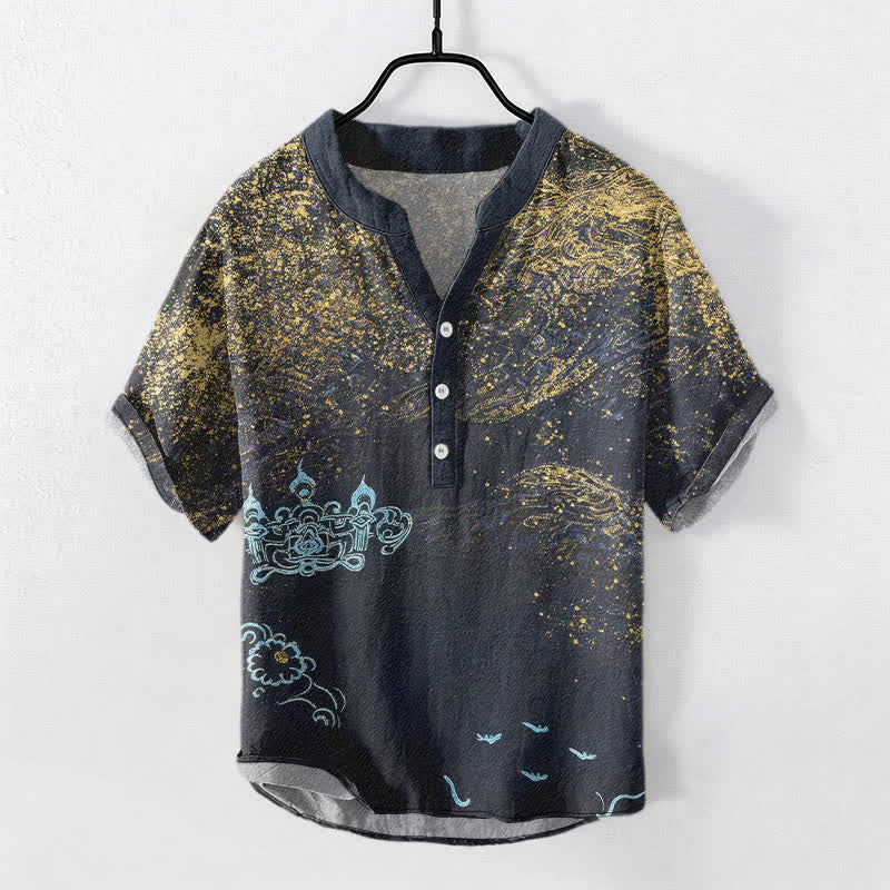 Buddha Stones Cotton Splatter Dye Galaxy-Inspired Henley Men's Short Sleeve Half Button Shirt - DarkSlateGray - US/UK/AU50，EU60 (5XL) - image 0