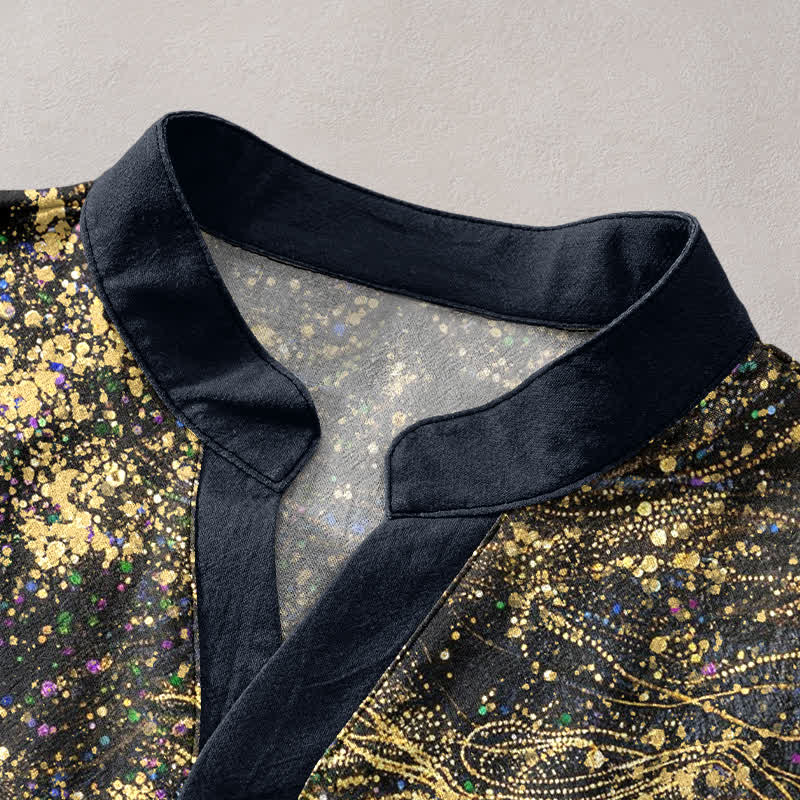 Buddha Stones Cotton Splatter Dye Galaxy-Inspired Henley Men's Short Sleeve Half Button Shirt - image 2