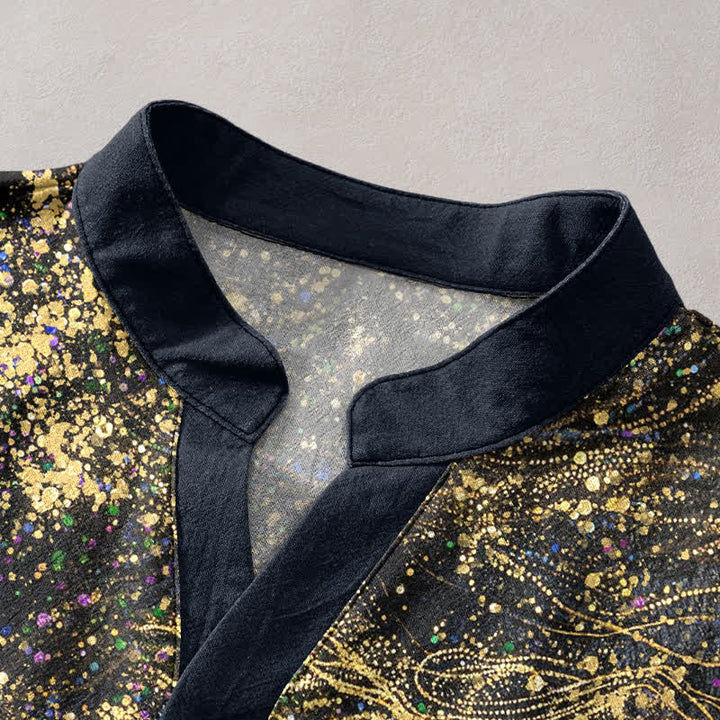 Buddha Stones Cotton Splatter Dye Galaxy-Inspired Henley Men's Short Sleeve Half Button Shirt - image 2