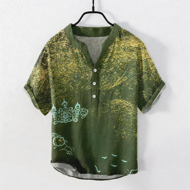 Buddha Stones Cotton Splatter Dye Galaxy-Inspired Henley Men's Short Sleeve Half Button Shirt - OliveDrab - US/UK/AU50，EU60 (5XL) - image 5