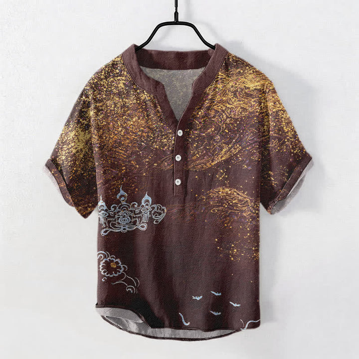 Buddha Stones Cotton Splatter Dye Galaxy-Inspired Henley Men's Short Sleeve Half Button Shirt - SaddleBrown - US/UK/AU50，EU60 (5XL) - image 7