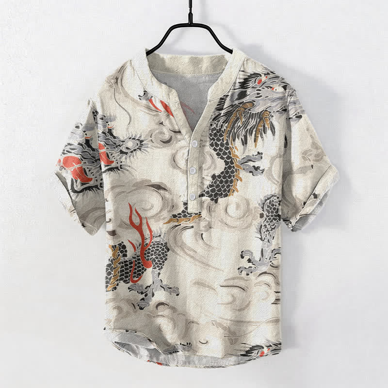 Buddha Stones Cotton Dragon Print Henley Men's Short Sleeve Half Button Shirt - Ivory - US/UK/AU50，EU60 (5XL) - image 0