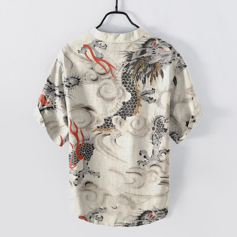 Buddha Stones Cotton Dragon Print Henley Men's Short Sleeve Half Button Shirt - image 1