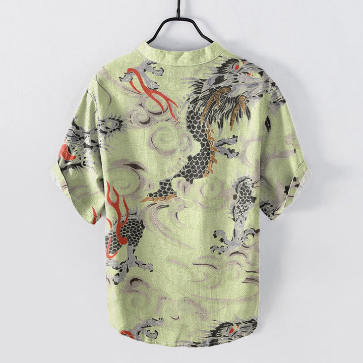 Buddha Stones Cotton Dragon Print Henley Men's Short Sleeve Half Button Shirt - image 4