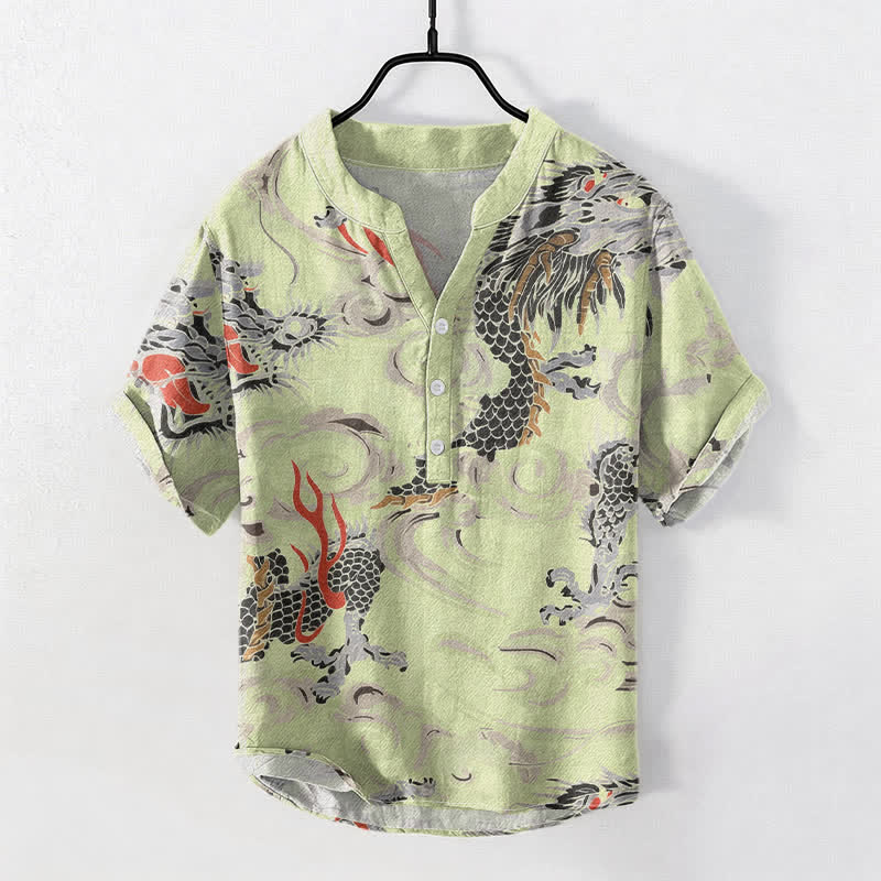 Buddha Stones Cotton Dragon Print Henley Men's Short Sleeve Half Button Shirt - GreenYellow - US/UK/AU50，EU60 (5XL) - image 3