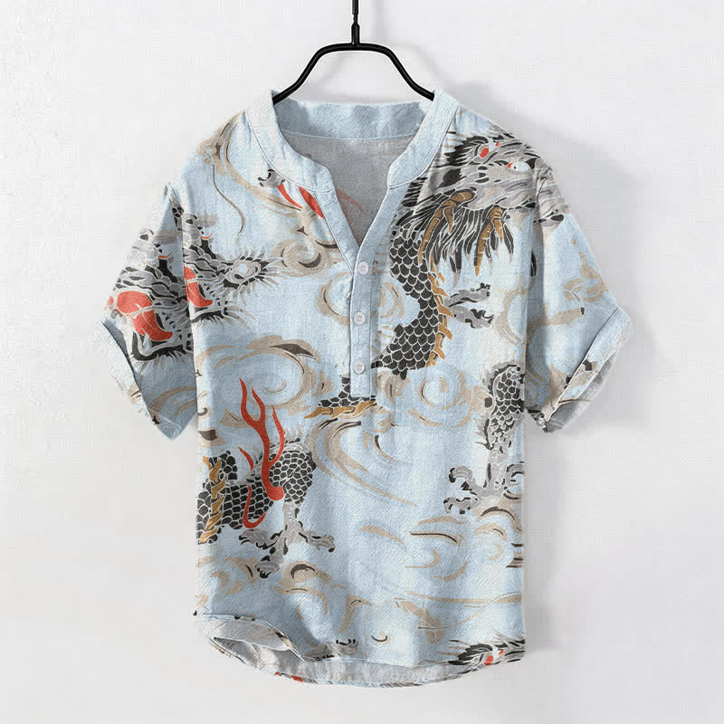 Buddha Stones Cotton Dragon Print Henley Men's Short Sleeve Half Button Shirt - LightBlue - US/UK/AU50，EU60 (5XL) - image 5