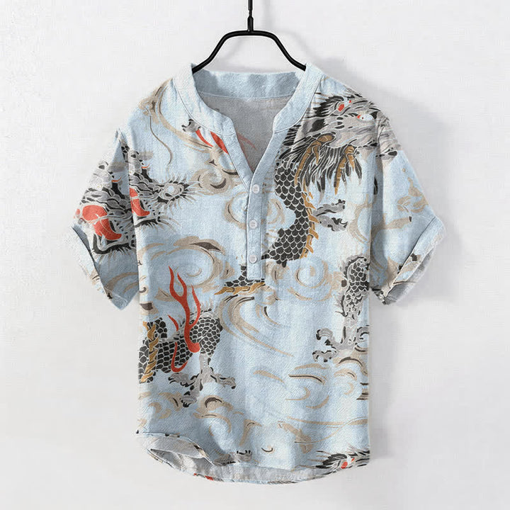 Buddha Stones Cotton Dragon Print Henley Men's Short Sleeve Half Button Shirt - LightBlue - US/UK/AU50，EU60 (5XL) - image 5