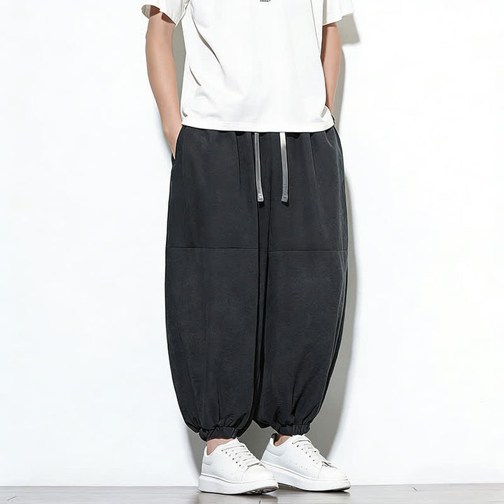 Buddha Stones Spring Solid Color Drawstring Cropped Men's Harem Cotton Pants With Pockets - image 23