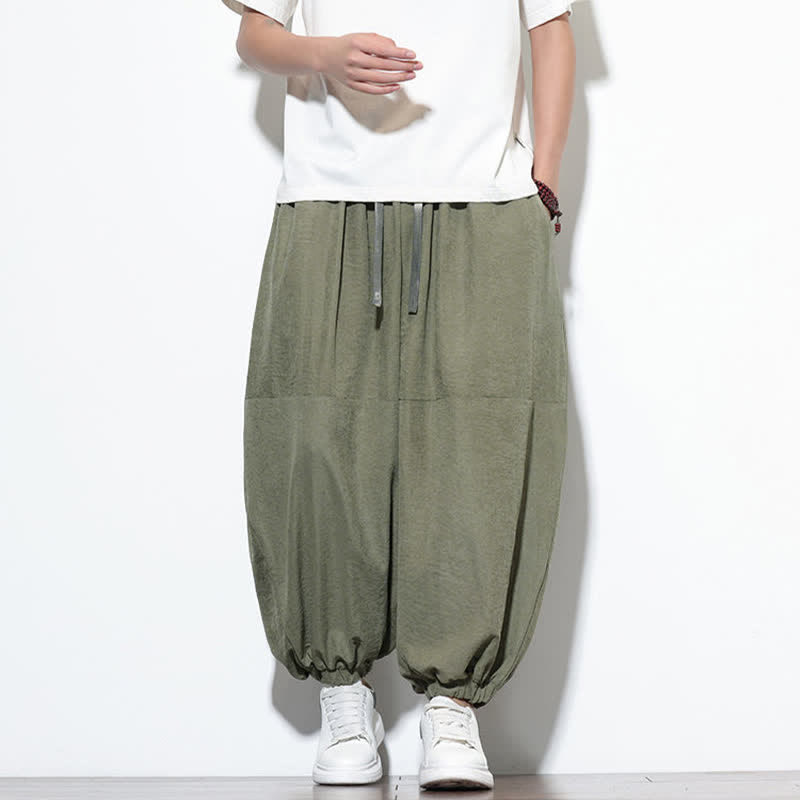 Buddha Stones Spring Solid Color Drawstring Cropped Men's Harem Cotton Pants With Pockets - image 33