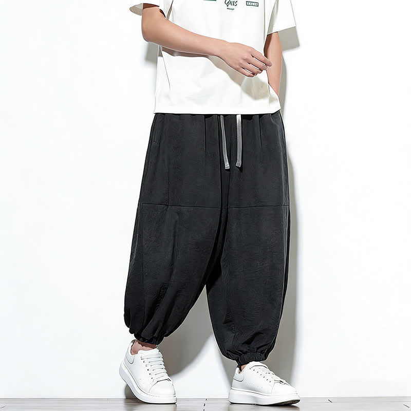 Buddha Stones Spring Solid Color Drawstring Cropped Men's Harem Cotton Pants With Pockets - image 25