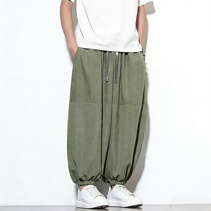 Buddha Stones Spring Solid Color Drawstring Cropped Men's Harem Cotton Pants With Pockets - image 28