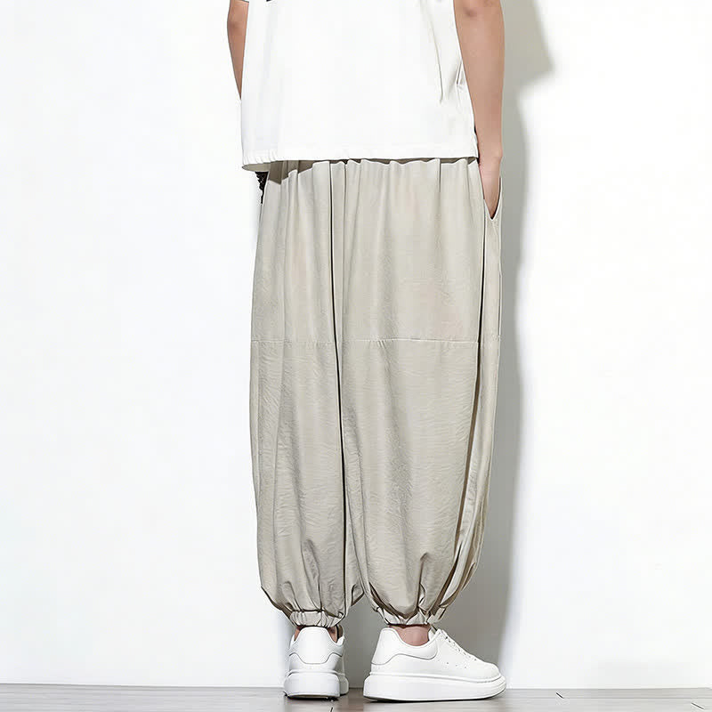 Buddha Stones Spring Solid Color Drawstring Cropped Men's Harem Cotton Pants With Pockets - image 12