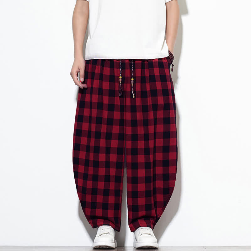 Buddha Stones Summer Plaid Pattern High Waist Drawstring Men's Harem Pants With Pockets - image 20