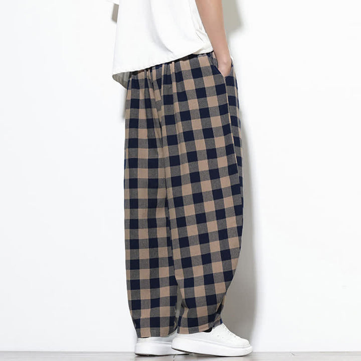 Buddha Stones Summer Plaid Pattern High Waist Drawstring Men's Harem Pants With Pockets - image 28