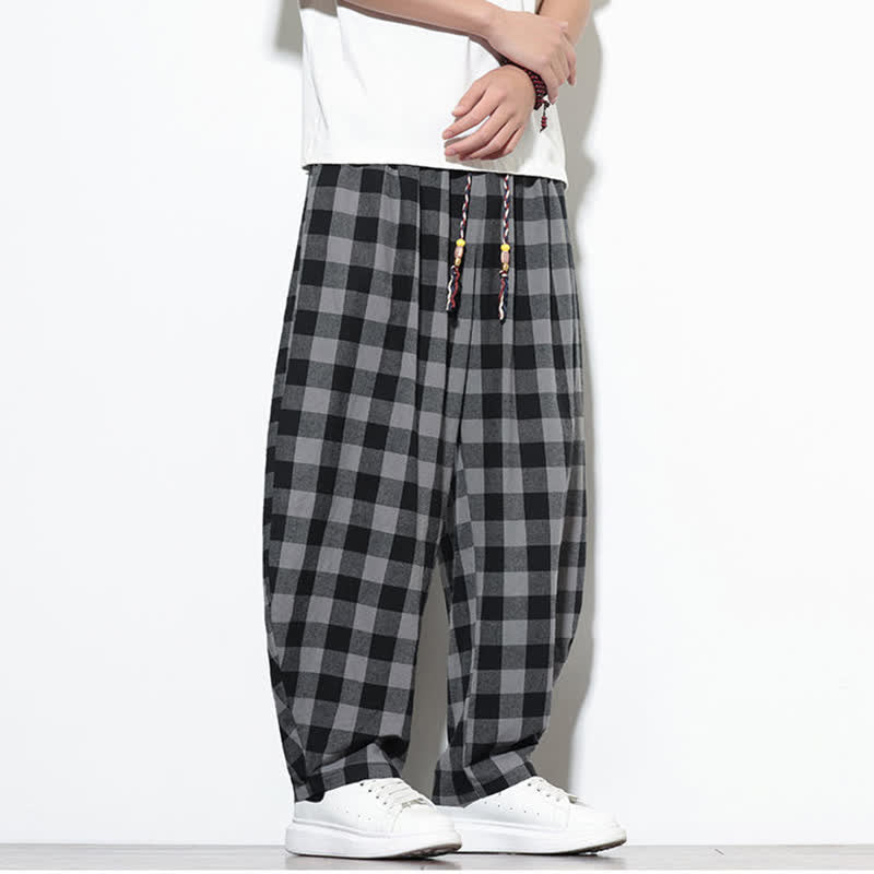 Buddha Stones Summer Plaid Pattern High Waist Drawstring Men's Harem Pants With Pockets - image 3
