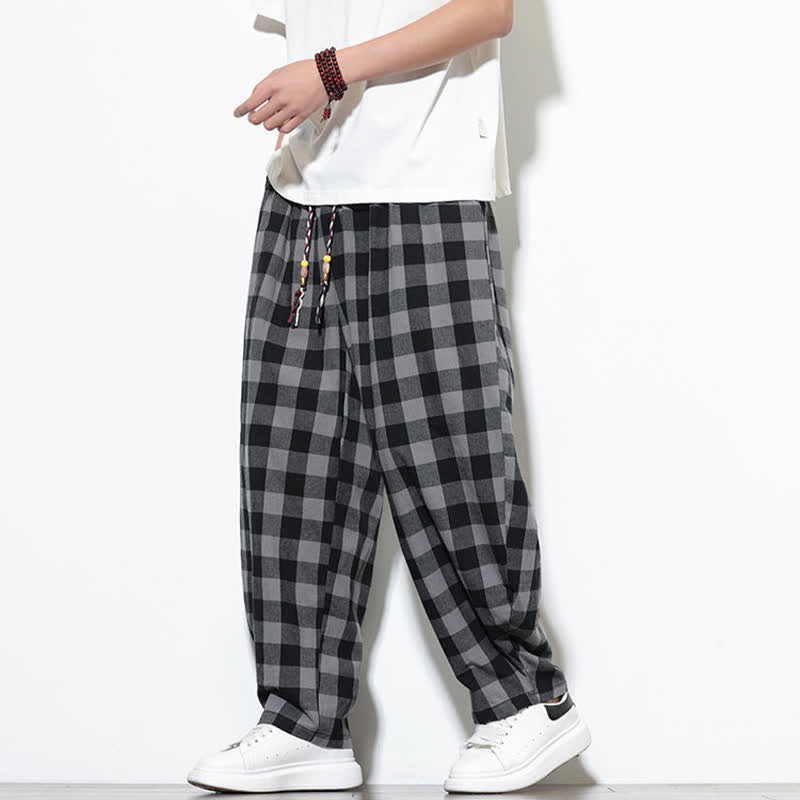 Buddha Stones Summer Plaid Pattern High Waist Drawstring Men's Harem Pants With Pockets - image 4