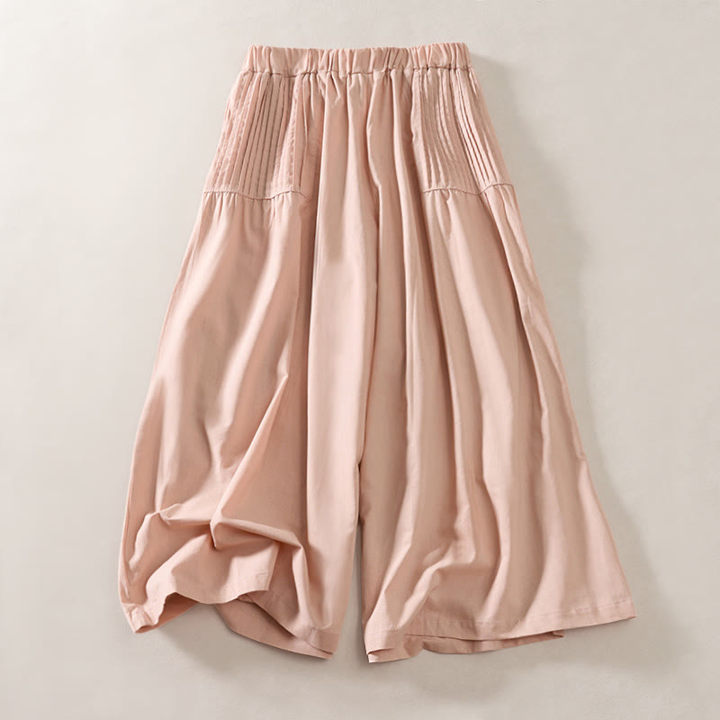 Buddha Stones Summer Pleated Design Elastic Waistband Cropped Women's Wide Leg Pants With Pockets - LightPink - US8-10，UK/AU12-14，EU40-42 (2XL) - image 0