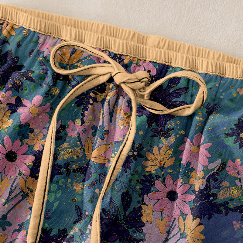 Buddha Stones Colorful Floral Print Pure Cotton Women's Elastic Waist Pants With Pockets - image 1