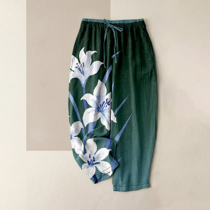 Buddha Stones Pure Cotton Lily Print Elastic Waist Drawstring Women's Pants With Pockets - SeaGreen - US16，UK/AU20，EU48 (3XL) - image 4