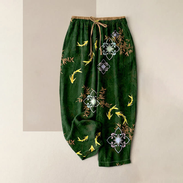 Buddha Stones Koi Fish Print Geometric Pattern Cotton Drawstring Women's Pants With Pockets - DarkGreen - US16，UK/AU20，EU48 (3XL) - image 0