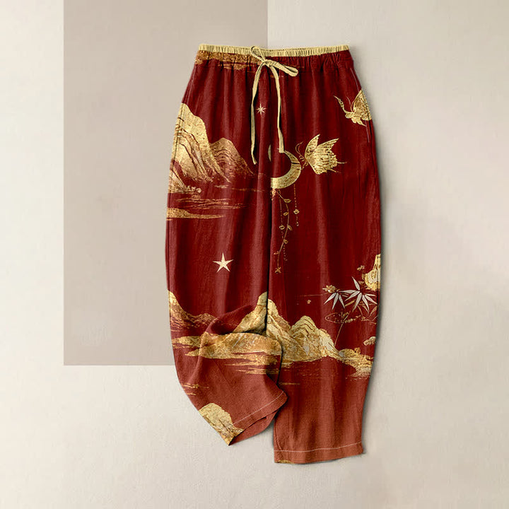 Buddha Stones Cotton Mountain Moon Butterfly Pattern Elastic Waist Women's Pants With Pockets - DarkRed - US16，UK/AU20，EU48 (3XL) - image 3