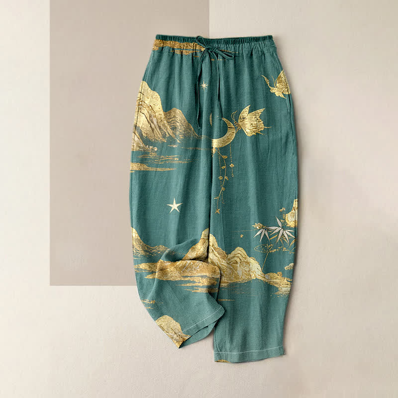 Buddha Stones Cotton Mountain Moon Butterfly Pattern Elastic Waist Women's Pants With Pockets - LightSeaGreen - US16，UK/AU20，EU48 (3XL) - image 0