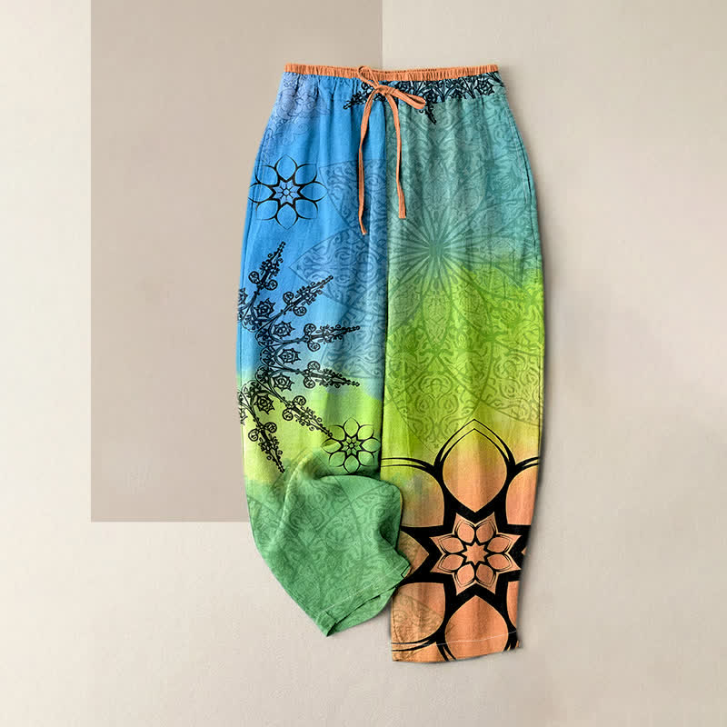 Buddha Stones Cotton Print Gradient Mandala Elastic Waist Women's Pants With Pockets - LimeGreen - US16，UK/AU20，EU48 (3XL) - image 0