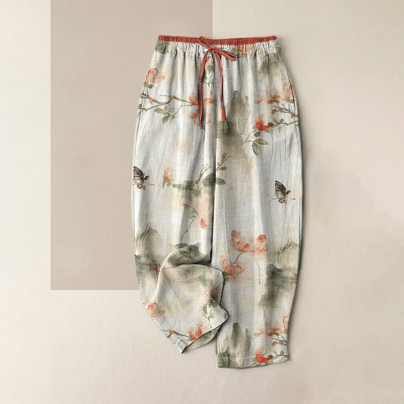 Buddha Stones Pure Cotton Butterfly Flowers Pattern Print Women's Pants With Pockets - Linen - US16，UK/AU20，EU48 (3XL) - image 0