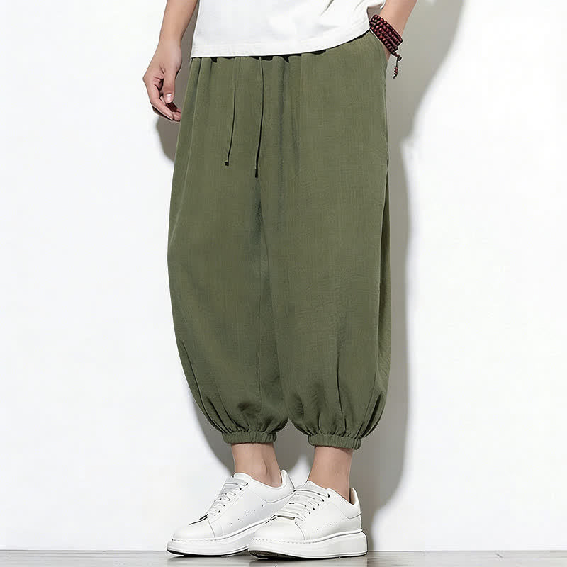 Buddha Stones Spring Solid Color Drawstring Elastic Design Men's Harem Capri Pants - DarkOliveGreen - US/UK/AU46，EU56 (5XL) - image 0