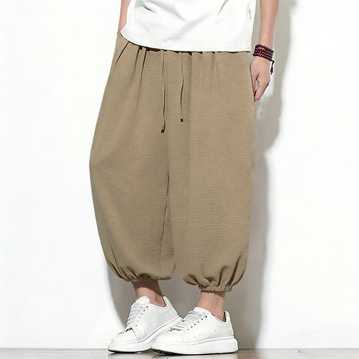 Buddha Stones Spring Solid Color Drawstring Elastic Design Men's Harem Capri Pants - image 35
