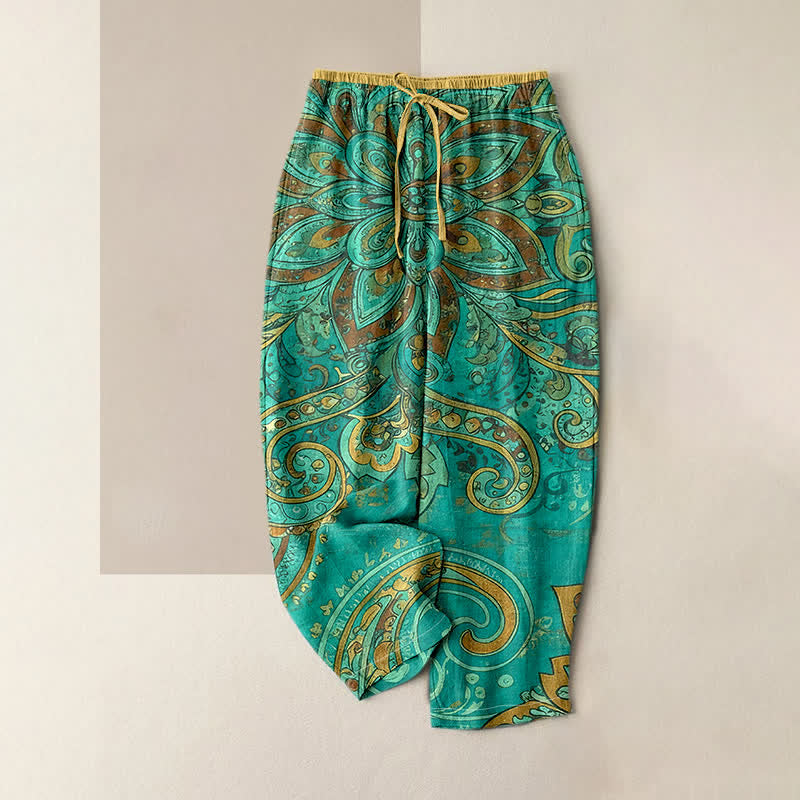Buddha Stones Cotton Paisley Mandala Pattern Elastic Waist Women's Pants With Pockets - LightSeaGreen - US16，UK/AU20，EU48 (3XL) - image 0