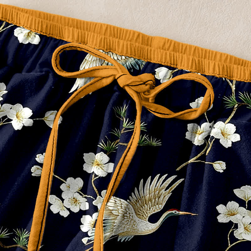 Buddha Stones Pure Cotton Crane Plum Blossom Elastic Waist Women's Pants With Pockets - image 1