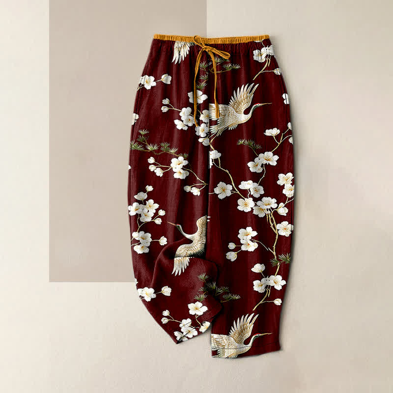 Buddha Stones Pure Cotton Crane Plum Blossom Elastic Waist Women's Pants With Pockets - SaddleBrown - US16，UK/AU20，EU48 (3XL) - image 8