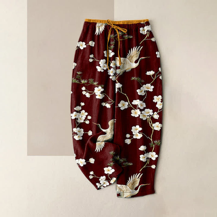 Buddha Stones Pure Cotton Crane Plum Blossom Elastic Waist Women's Pants With Pockets - SaddleBrown - US16，UK/AU20，EU48 (3XL) - image 8