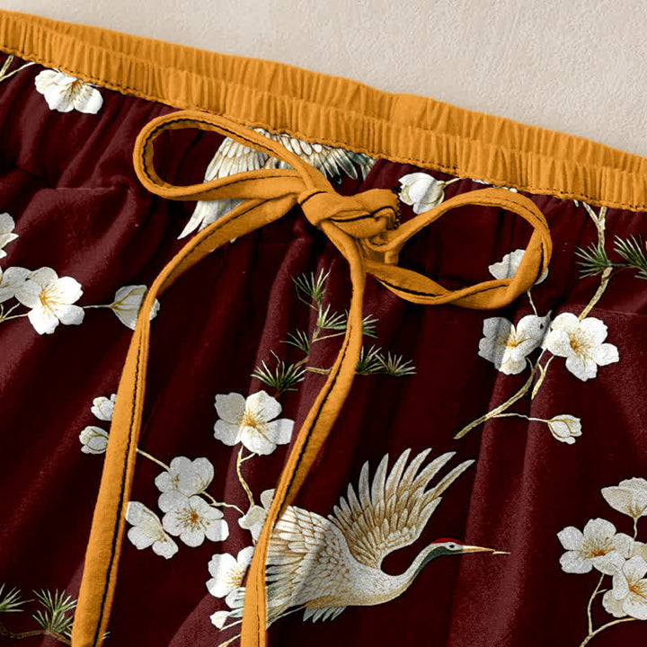 Buddha Stones Pure Cotton Crane Plum Blossom Elastic Waist Women's Pants With Pockets - image 9