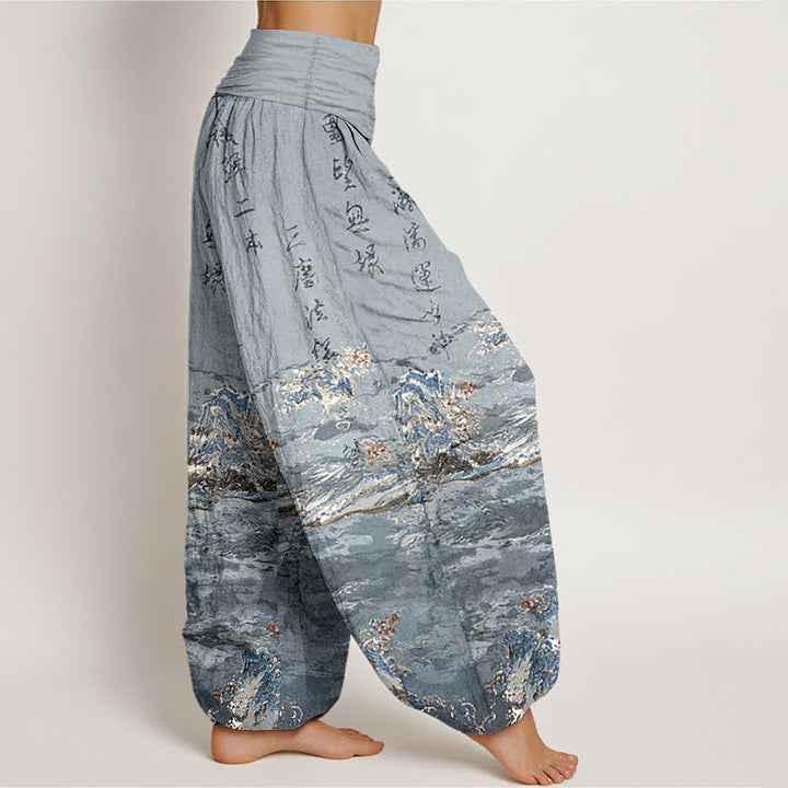 Buddha Stones Gradient Calligraphy Landscape High Waist Women's Harem Pure Cotton Pants - image 10