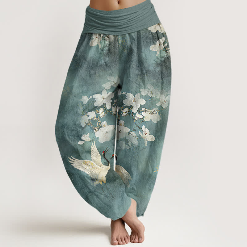 Buddha Stones Crane Blooming Flowers High Waist Women's Harem Pure Cotton Pants - CadetBlue - US16，UK/AU20，EU48 (3XL) - image 0