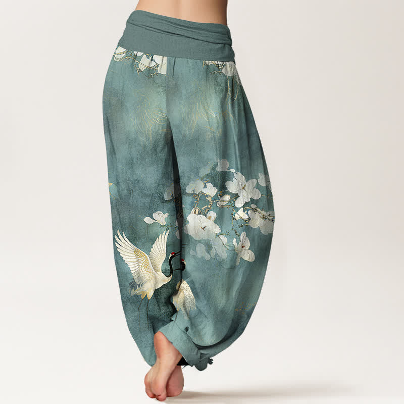 Buddha Stones Crane Blooming Flowers High Waist Women's Harem Pure Cotton Pants - image 1
