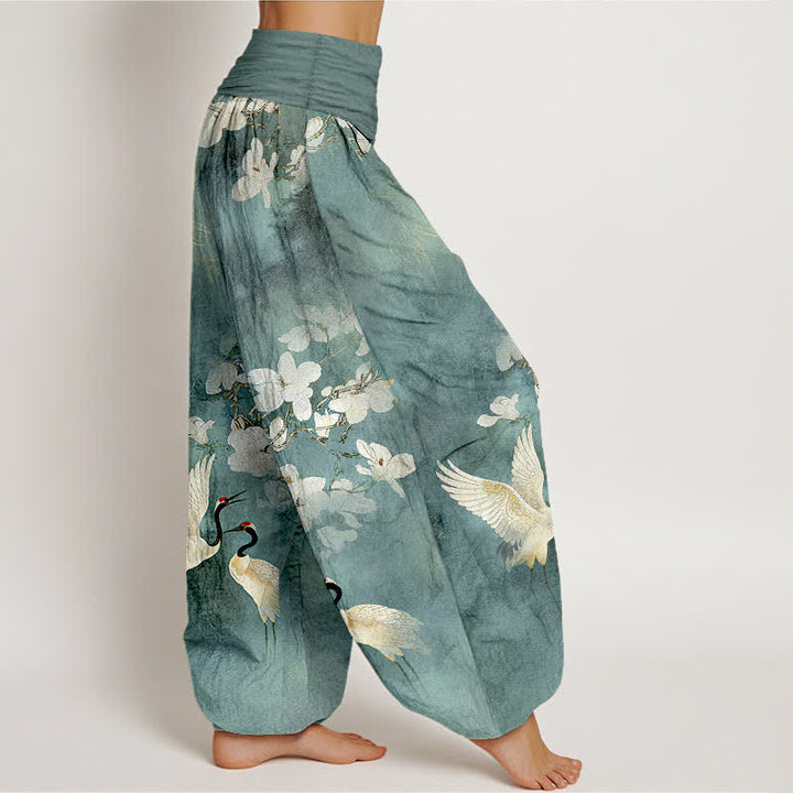 Buddha Stones Crane Blooming Flowers High Waist Women's Harem Pure Cotton Pants - image 2
