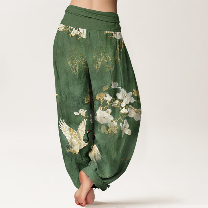 Buddha Stones Crane Blooming Flowers High Waist Women's Harem Pure Cotton Pants - image 6