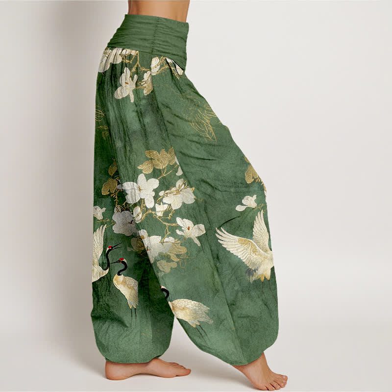 Buddha Stones Crane Blooming Flowers High Waist Women's Harem Pure Cotton Pants - image 7