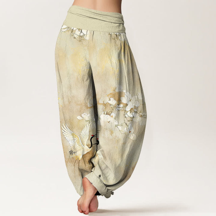 Buddha Stones Crane Blooming Flowers High Waist Women's Harem Pure Cotton Pants - image 9