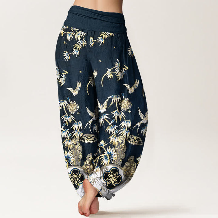 Buddha Stones Bird Bamboo Pattern Cotton Women's Harem High Elastic Waist Pants - image 1