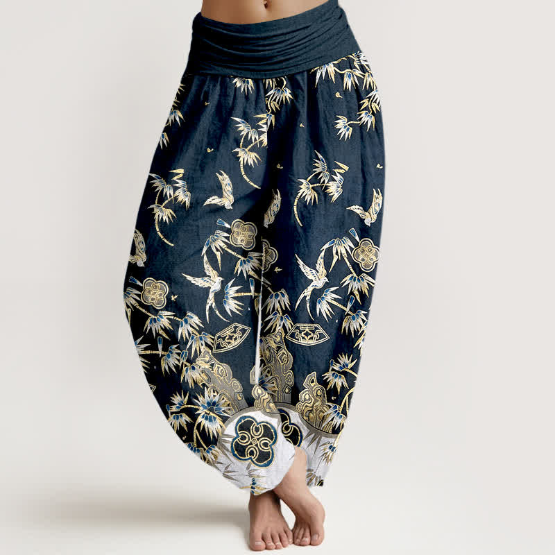 Buddha Stones Bird Bamboo Pattern Cotton Women's Harem High Elastic Waist Pants - DarkSlateGray - US16，UK/AU20，EU48 (3XL) - image 0