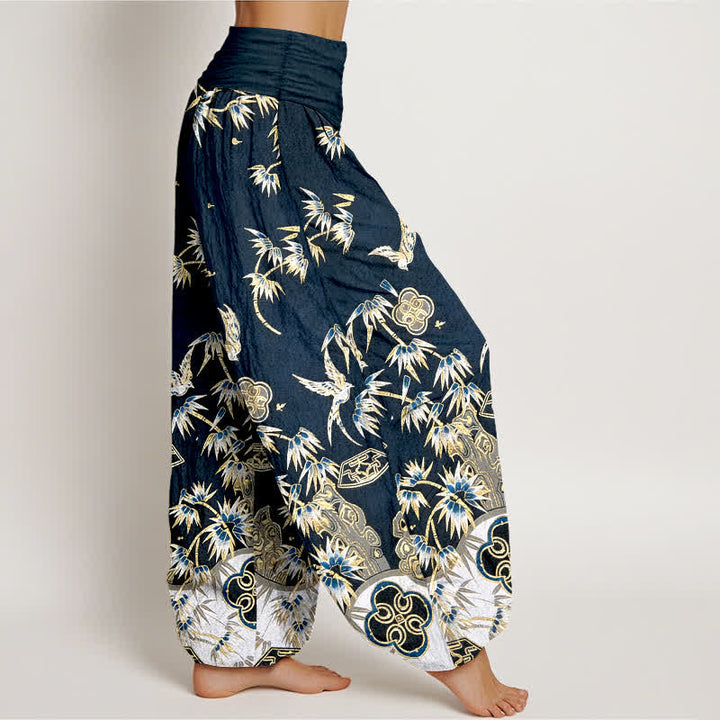 Buddha Stones Bird Bamboo Pattern Cotton Women's Harem High Elastic Waist Pants - image 2